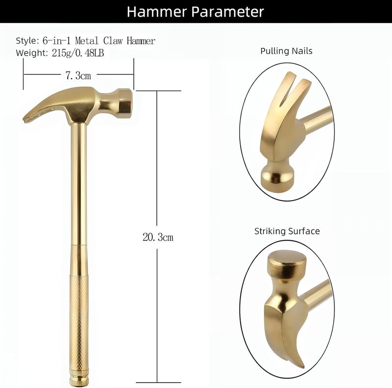 Kinobo Multifunction Hammer 6 in 1 with Slotted/Flat Head Phillips Screwdriver Claw Hammer Manual, Portable Metal Mini Tool Hammer (Gold) - Image 2